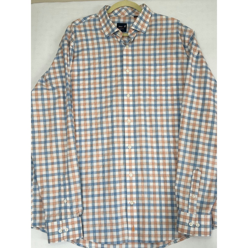 Johnnie-O Performance Shirt Mens XXL Blue Orange Gingham Plaid Long Sleeve Logo
